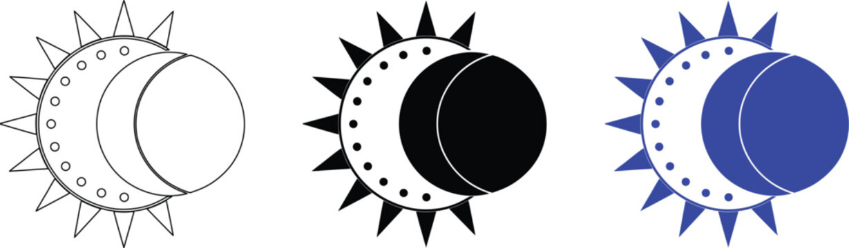 Set of three solar eclipse icons in outline, black and blue colors on transparent.