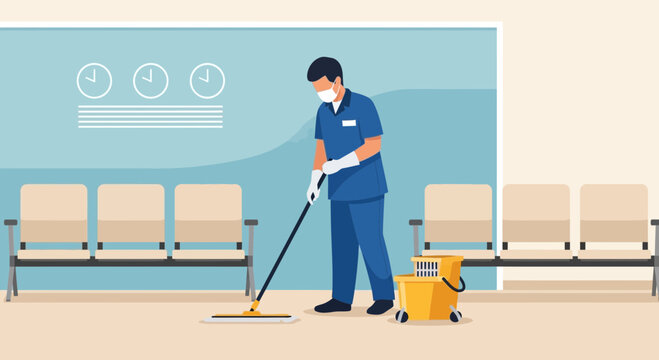 Professional cleaner in mask sanitizing hospital waiting area floor with mop