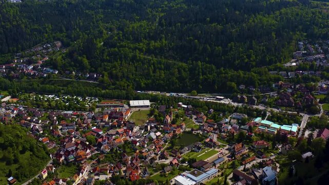 Aerial view beside the old town of the city Bad Liebenzell in south Germany on a sunny spring noon in te black forest
