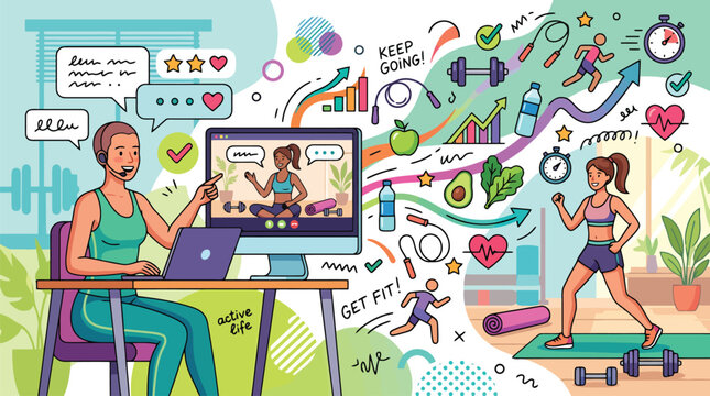 Online fitness coaching vector illustration, personal trainer leading virtual workout session, digital health and wellness concept with exercise icons