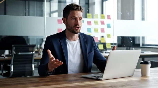 A professional businessman talks on a video call in a modern office. This man uses a laptop for the online meeting. The businessman gestures on the video call. He sits at a corporate office desk.