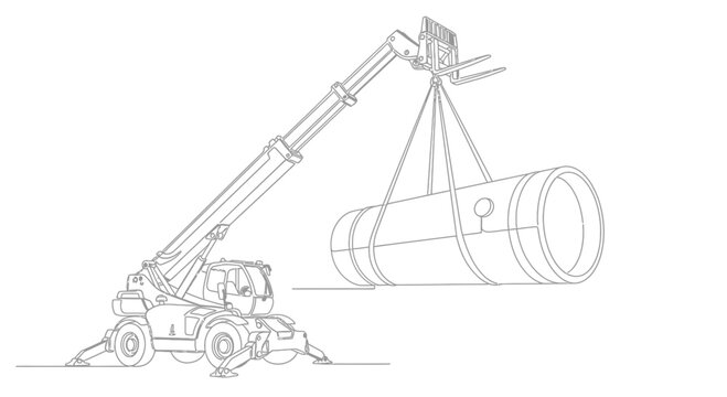 Telescopic handler lifting a large pipe with forks, industrial equipment line art