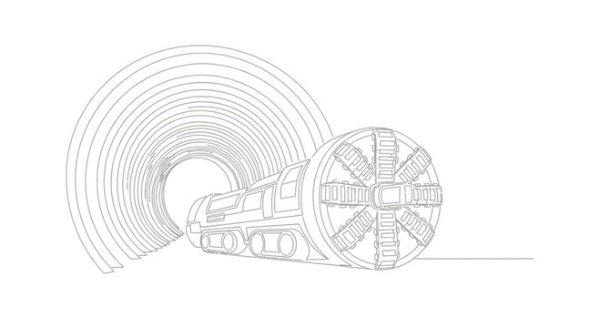 Tunnel Boring Machine (TBM) Excavating Underground Tunnel - Line Art Illustration