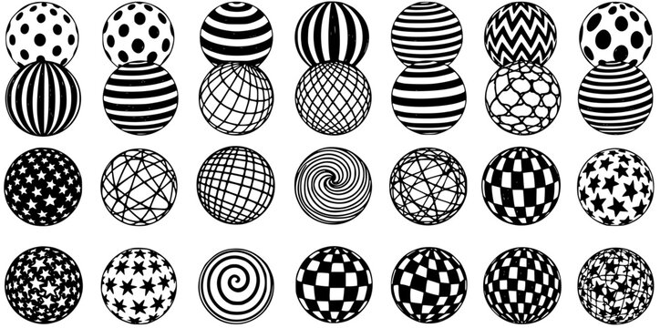 Abstract Black and White Patterned Spheres Vector Collection. Graphic design elements featuring diverse geometric, striped, dotted, and chequered patterns.