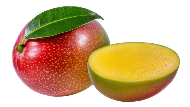 Whole red mango with green leaf and half cut mango showing yellow flesh