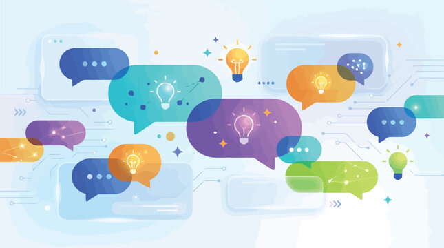 Brainstorming concept with colorful speech bubbles and light bulbs, creative idea generation vector, collaborative communication and innovation background