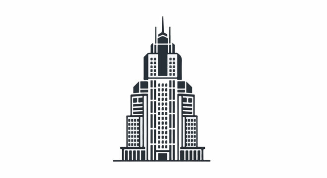 Stylized illustration of a tall, imposing skyscraper with tiered setbacks