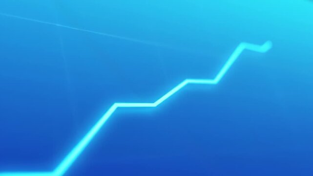 Glowing blue neon line graph rising upward on abstract gradient background, symbolizing digital technology growth and progress with sharp angles and smooth glowing effects for modern design