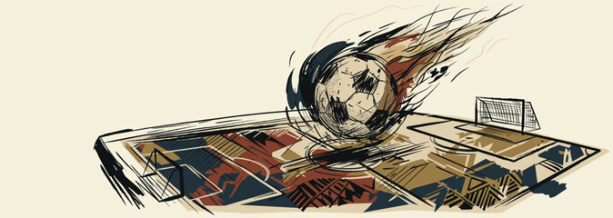 Soccer ball meteor crashed into the soccer field hand drawn childish style banner have blank space. © Wasitt