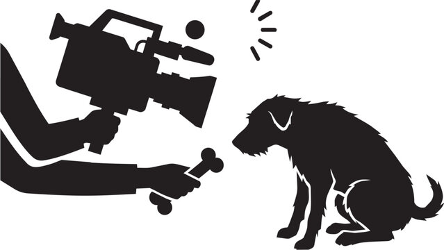 A conceptual illustration depicting a person recording a dog while giving it a bone, highlighting a hypocritical act where the gesture is performed solely for content creation for social media