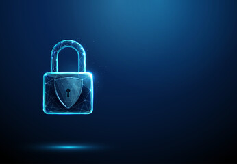 3D blue lock and shield with keyhole. Cybersecurity, data protection, privacy, secure access, encryption, identity safety, firewall defense, confidentiality concept © Елена Бутусова