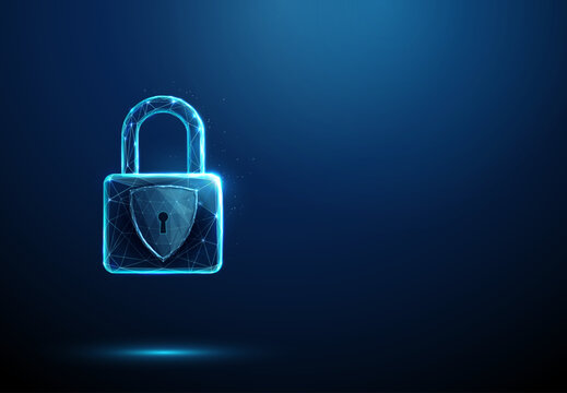 3D blue lock and shield with keyhole. Cybersecurity, data protection, privacy, secure access, encryption, identity safety, firewall defense, confidentiality concept