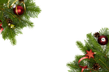 Fototapeta premium corner or edges of christmas fir tree decoration and red baubles isolated on white or transparent png