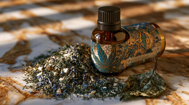 amber glass bottle with custom printed label design displayed beside botanical ingredient scatter on marble surface, close up detail rendering at golden hour for natural cosmetic wellness food bever