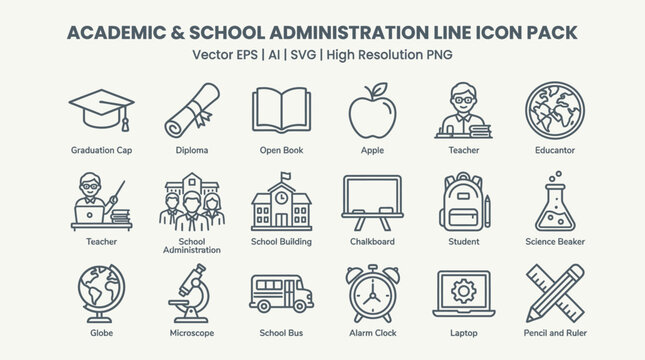 Academic school administration line icons.
