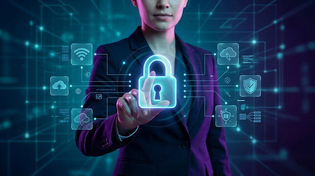 A person in a suit touching a glowing digital interface with a padlock and various cloud and network security in a futuristic environment