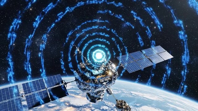 Satellite orbiting Earth with solar panel technology emitting blue communication signal waves in space showcasing advanced orbit transmission wireless science astronomy universe