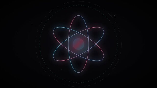 Atomic structure model glowing with neon blue and pink orbital rings in a smooth continuous motion digital animation video loop