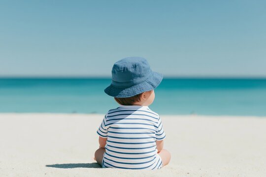 Baby sitting on pale sandy beach wearing blue and white striped outfit and blue sun hat, looking out at calm turquoise ocean under clear blue sky