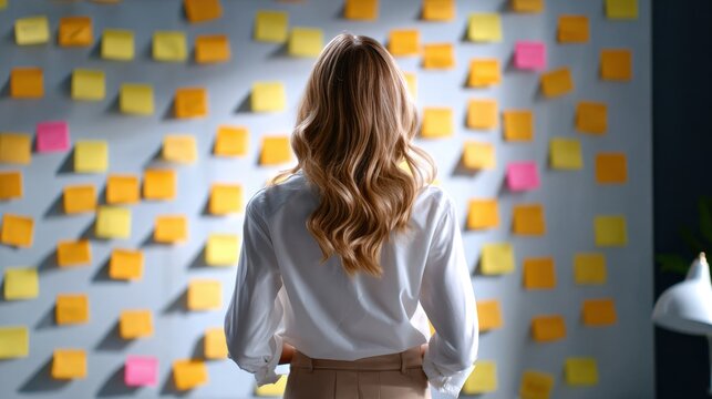Back view of a focused individual analyzing project tasks on a vibrant wall of organized sticky notes.