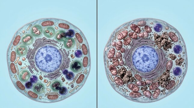 3D medical illustration comparing a healthy human cell with active autophagy and a dysfunctional cell