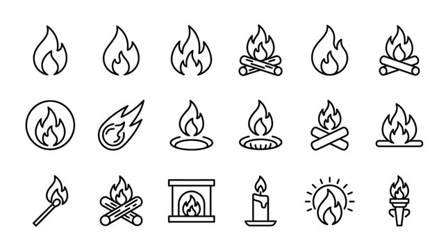 Set of simple fire icons representing flames bonfires and combustion