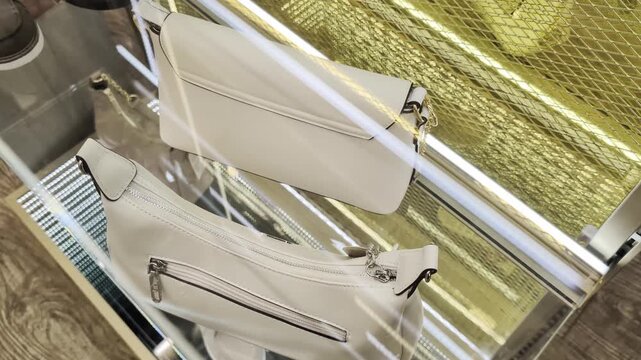 Overhead shot of two chic white bags, including a structured flap-over bag and a zippered pouch, presented in a minimalist fashion boutique setting with subtle gold accents. Reflections of ambient lig