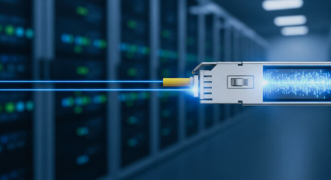 Fiber optic transceiver module in a data center representing high speed internet connectivity and cloud transmission
