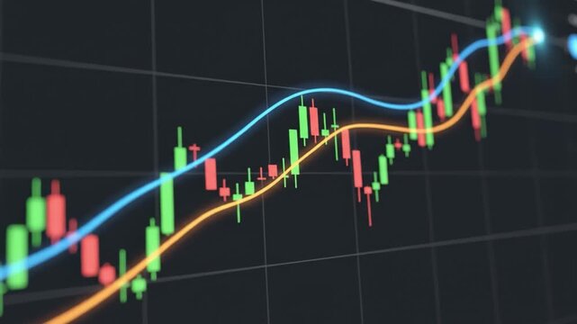 Stock market chart with candlestick pattern and moving average lines showing financial data trends and analysis for investment decisions including blue line orange line green candle red candle graph