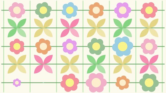 4k footage animation of pattern with lilac, pink and green color flower andyellow backgrounds in trendy retro trippy 2000s style. Funny cute texture for banners, web, fashion, wallpaper, roovy, funky