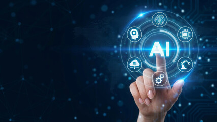 Fototapeta premium AI technology hand interface touchscreen innovation ai society transform digital future technology concept. future intelligence innovation. algorithm network learning system, justice law policy
