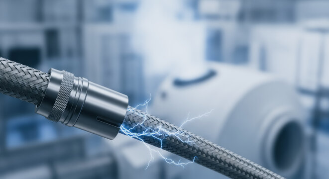 High-performance industrial braided cable with electrical sparks in a laboratory setting representing energy conductivity