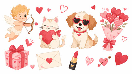 Obraz premium Cute Valentine's Day elements featuring cupid, cat, dog, and gifts