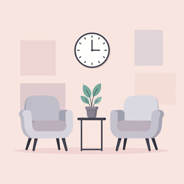 Two armchairs, a small table, a clock and a potted plant in a room