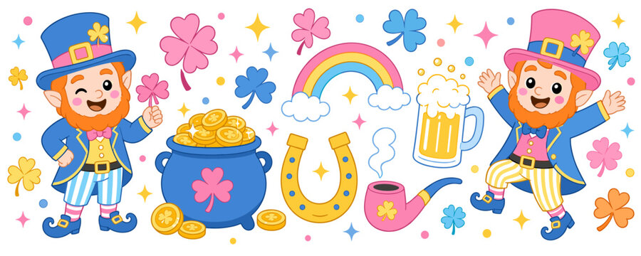 Cute leprechauns with pot of gold, rainbow, and beer celebrating St Patrick's Day