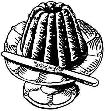 Gugelhupf auf Kuchenplatte mit Messer, Schwarz-Wei&szlig;-Illustration