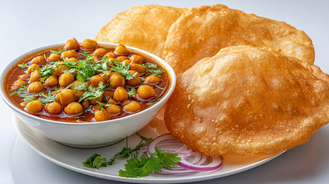 Delicious chole bhature, a popular north indian punjabi dish consisting of spicy chickpea curry and deepfried leavened bread