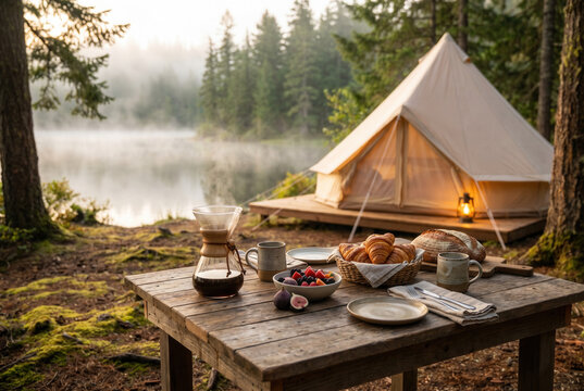 A breakfast table and glowing tent sit among pine trees for a device-free camping morning beside a misty lake.