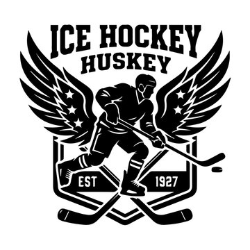 Ice Hockey Huskey Vintage Mascot Logo with Player, Wings, and Crossed Sticks Vector Illustration