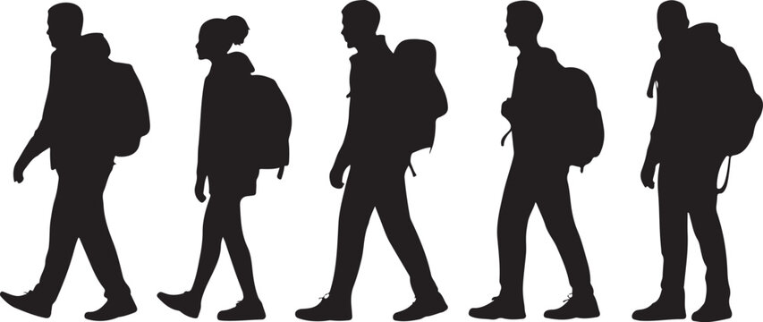 Silhouettes of students or travelers walking with backpacks