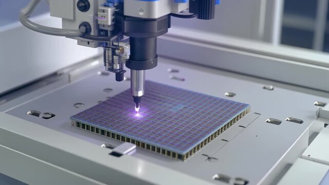 Automated robotic nozzle working precisely onto generic silicon microchip wafer