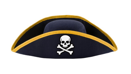 Naklejka premium Navy blue pirate hat with yellow trim and skull and crossbones emblem