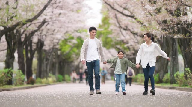 手を繋いで公園を歩く三人家族