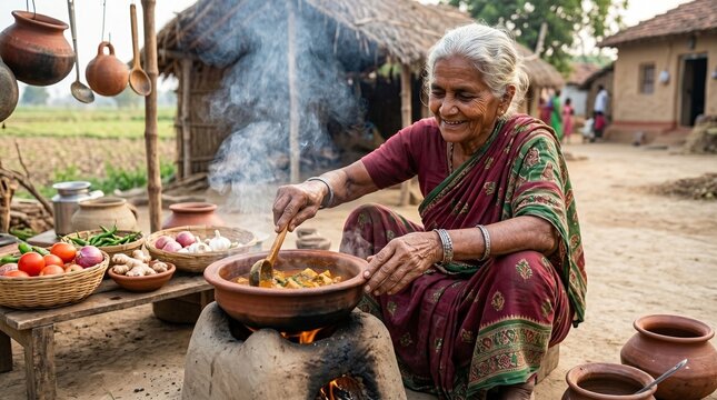 Elderly South Asian Grandmother Cooking Traditional Food on a Mud Stove in Rural Kitchen