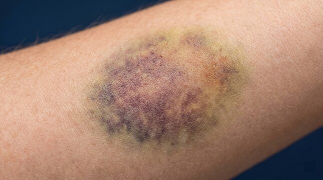 Close up of skin ecchymosis with colorful contusion hematoma on forearm