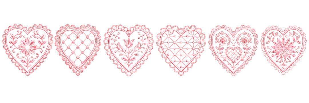 Collection of delicate pink embroidered heart designs with floral and geometric patterns