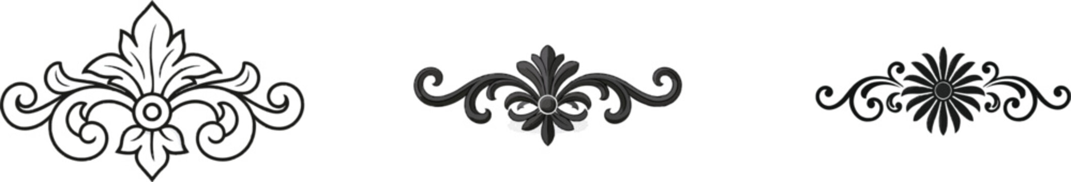 A detailed Renaissance botanical motif with a central rosette and symmetrical vine scrolls, rendered in high-contrast vector art against a stark white background
