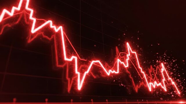 Red glowing financial chart and graph with sharp downward trend, digital sparks highlighting financial decline, market crash, economic downturn, business loss, investment risk, and volatility trend