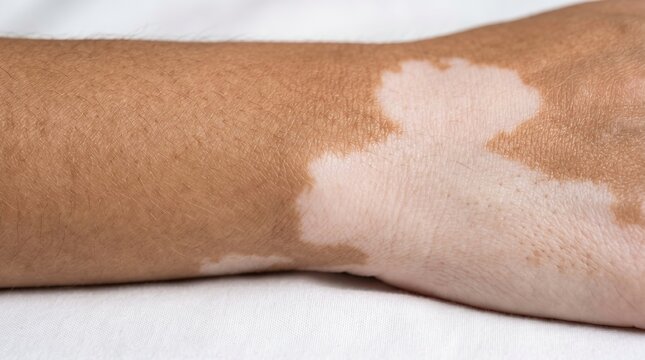 Depigmented vitiligo macules on wrist and dorsal hand skin of a patient
