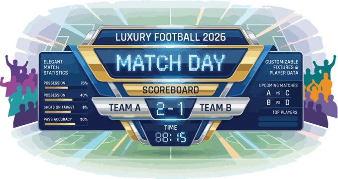 Digital scoreboard display for a football match with a blue and gold design on a white background.